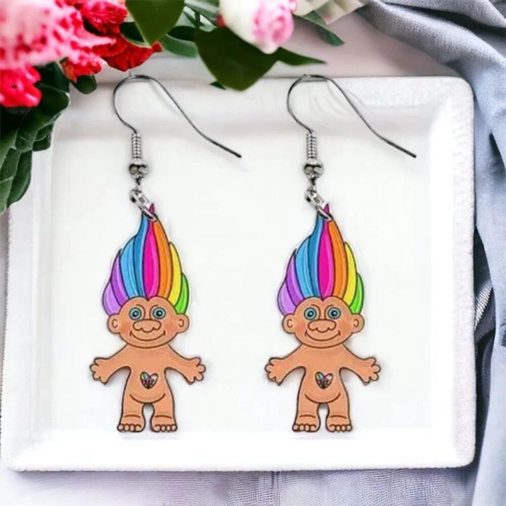 Rainbow Troll Doll Dangle Earrings Retro Whimsy Lightweight Resin Drop Charm New